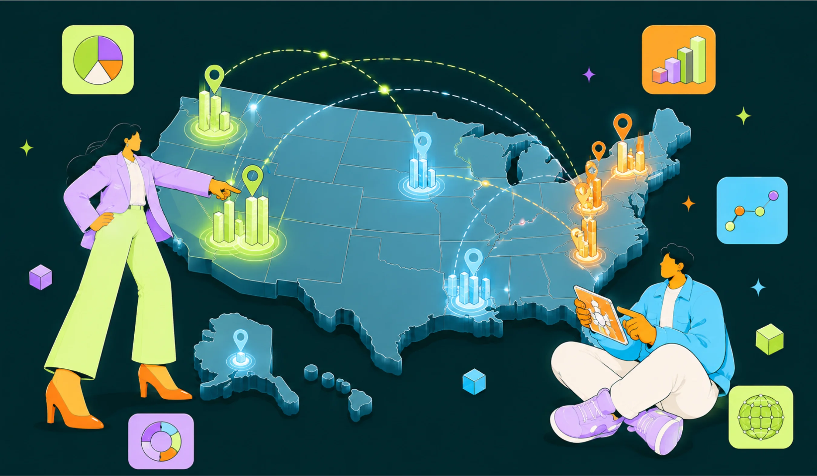 Stylized U.S. map showing selected markets